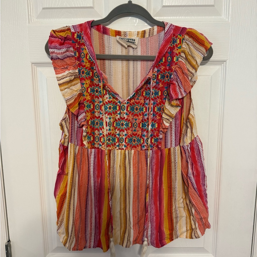 Savanna Jane Striped Embroidered Blouse - Red, Yellow, Orange